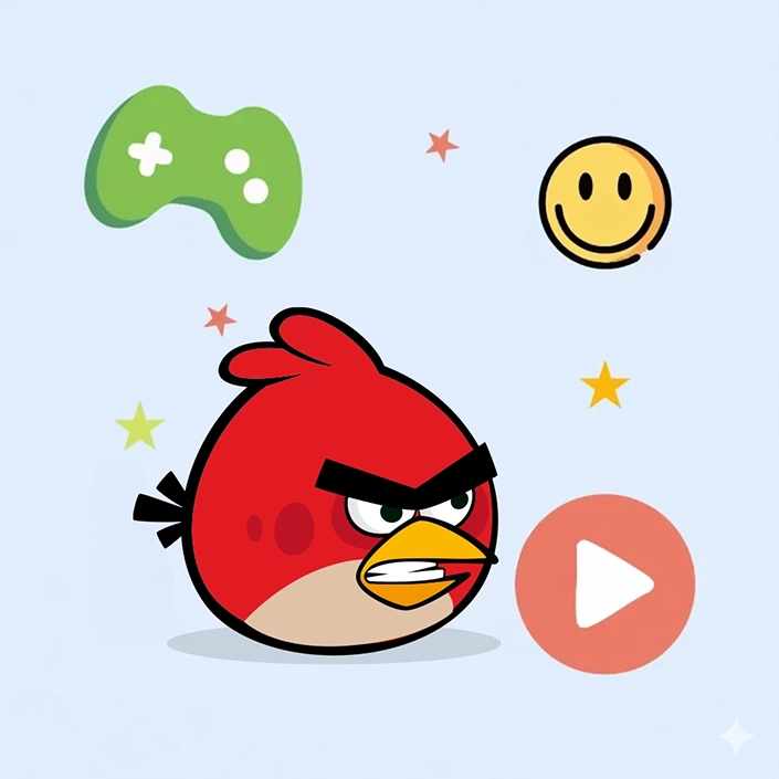 Illustration of a red bird character surrounded by playful icons like a game controller, smiley face, and play button, representing learning emotions with Angry Birds.